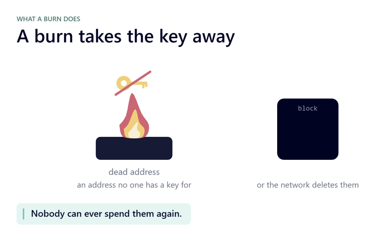 Left: a dead address with a flame and a crossed-out key, labelled 'an address no one has a key for'. Right: a dark block, labelled 'or the network deletes them'. Below: Nobody can ever spend them again.